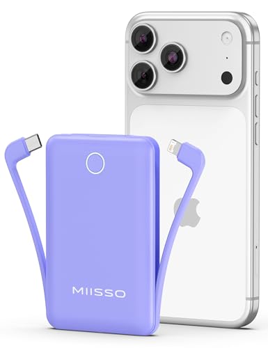 miisso 10000mAh Mini Portable Charger with Built in Cable, Purple - color: Purple