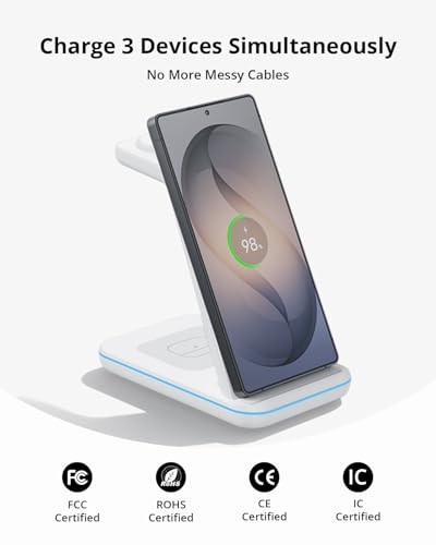 JoyGeek 3 in 1 Wireless Charging Station for Samsung&Android, Charger Stand for S26/S25/S24/S23/S22/S21/S20/Note20/Z Fold&Flip Series, Galaxy Watch8/7/6/5/4/3/Active2/1, Not for Watch9 / Ultra2 - color: White