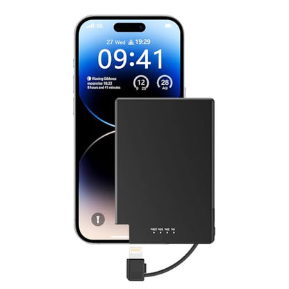 TNTOR Thin Portable Phone Charger with Built in Lightning Cable-3500mAhUltra Slim Travel Power Bank for Pocket Wallet Compatible with iPhone 14/13/12/11/X/8 Series (Not for iPhone 15 16 Series)