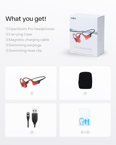SHOKZ OpenSwim Pro Open-Ear MP3 Headphones, Red, IP68 Waterproof, 32GB MP3 - color: Red