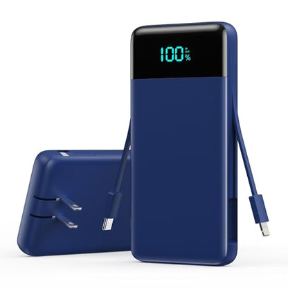 Portable Charger with Built-in AC Plug and Cables,13800mAh All in One USB C Fast Charging Power Bank,Travel Essentials Portable Phone Charger Battery Pack for iPhone 17/16/14,Galaxy,Android-Dark Blue - color: Dark Blue