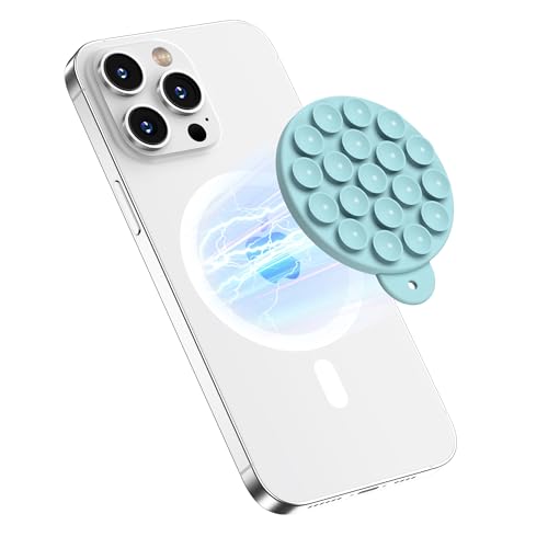 Magnetic Suction Cup Phone Mount, Compatible with MagSafe, Silicone Octo Cup Buddy Sticky Grip Holder for iPhone and Android, Removable Hands-Free Selfie/Video for TikTok, Light Cyan - color: Light Cyan