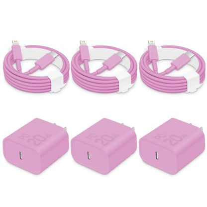 CXX 20W Fast Charger for iPhone 14/13/12 [3-Pack, MFi Certified] - color: Pink, size: 6FT