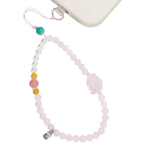 TEAMOLA Natural Stone Phone Charm - Crystal Phone Beaded Wrist Strap - color: Pink-Charm