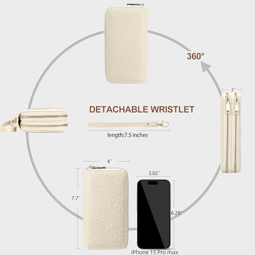 yiijay Womens Wallet RFID Blocking Large Capacity Vegan Leather Double Zip Wristlet Wallet Card Holder Travel Ladies Clutch - color: Beige