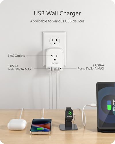 LENCENT Multi Plug Outlet Extender with USB, Electrical Outlet Expander - color: White