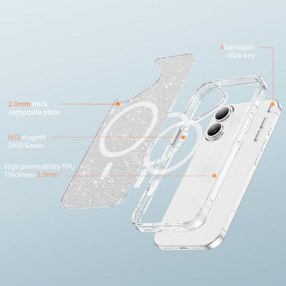 LEMAXELERS Magnetic Clear Glitter Case for iPhone 17 -Clear SF | Compatible with MagSafe, Crystal Sparkly Bling Clear TPU Bumper Hard PC Slim Shockproof Protective Cover - color: Clear, size: iPhone 17