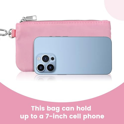 Mini Zip Around Wristlet Wallet, Dual Pouch Keychain Coin Purse for Women | Phone wallet design, detachable pouches, waterproof nylon, zipper closure, card holder, travel and daily essentials organizer - color: Pink+White