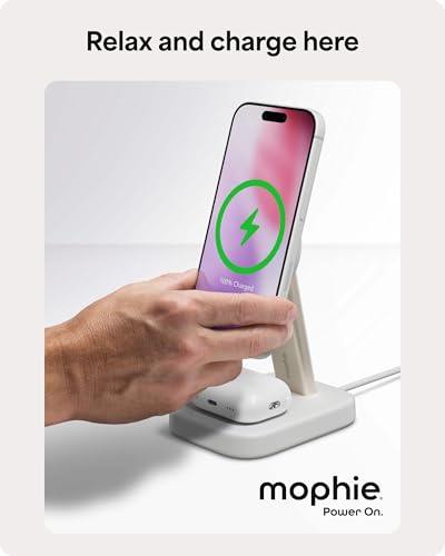 Mophie 2-in-1 Wireless Charging Stand - Qi2-Certified, MagSafe Charger for iPhone & AirPods – Fast Charging Station with Adjustable Phone Stand & Cable Management – Up to 15W Power - color: White, size: 2-in-1 iPhone/ Apple Airpods Charging Stand