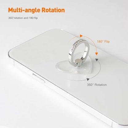 2pcs Phone Ring Stand Holder with Diamond，Heart Shape Transparent Phone Ring Kickstand，360 Degree Rotation Finger Ring Grip Compatible with All Smartphones，Tablet and Case