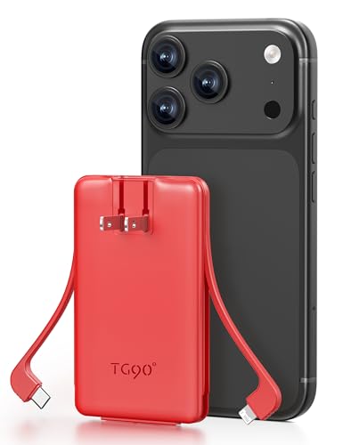 TG90° 5000mah Ultra Slim Power Bank Built-in AC Plug & 2 Cables,Red - color: Red
