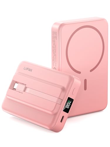 LVFAN for Magnetic Power Bank 10000mAh, Fast Charging Wireless Magnetic Portable Charger with Built-in USB C in&Out Cable, Travel LED Display Battery Pack for iPhone 17 16 15 14 13 12