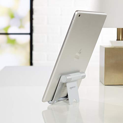 Amazon Basics Multi-Angle Portable Foldable Stand for Tablets, E-Readers and Phones, Non-Slip Desktop Holder for iPads, iPhones, Kindles, Hands-Free Viewing - Silver - color: Silver