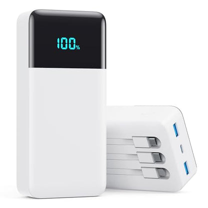 Portable Charger 50800mAh Power Bank with 3 Built in Cables,25W PD QC4.0 Fast Charging USB C Battery Pack,6 Outputs 2 Inputs Travel Essentials Phone Charger for iPhone 18/17/16/15/Pro,Android,White - color: White