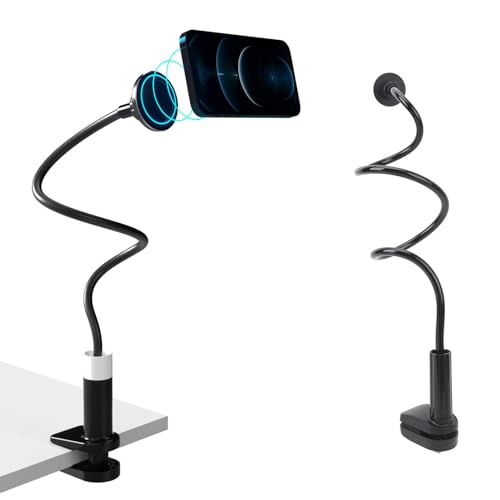 Phone Holder, Magnetic Flexible Long Arm Phone Mount for Desk Bed Bedside Table, Overhead Cell Phone Clip Bracket Clamp Stand for iOS 15 15 Pro 15 Plus
