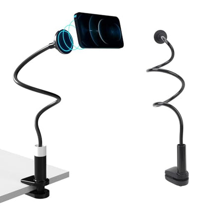 Phone Holder, Magnetic Flexible Long Arm Phone Mount for Desk Bed Bedside Table, Overhead Cell Phone Clip Bracket Clamp Stand for iOS 15 15 Pro 15 Plus