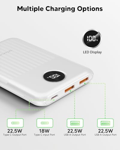 Portable Charger,Ultra Slim 10000mAh 22.5W Power Bank,USB C in/Output Fast Charging Mini Battery Pack Compatible with iPhone 17 16 15 14 Samsung S23 S22 S21 Google iPad etc (White) - color: White