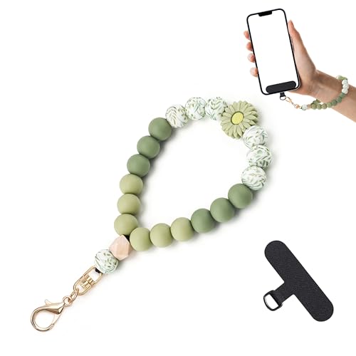Lostars Silicone Beaded Phone Wrist Strap for Women, Elastic Wristlet - color: Green Daisy