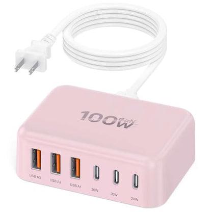100W 6 in 1 USB Charger, 50% Smaller Charging Station for Multiple Devices - color: Pink