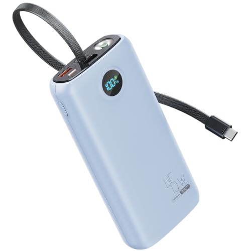 DIAMUAR Portable Charger 20000mAh 45W, Built in USB C Cable, 3W Flashlight - color: Blue