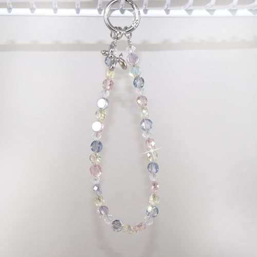 Sparkle Crystal Pearl Phone Wrist Strap for Women, Sparkling Beaded Cellphone Lanyard Chain - color: Pink+blue