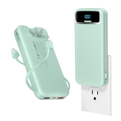 aonidi Portable Charger 12000mAh with Built-in Cables&AC Wall Plug, Green - color: Green