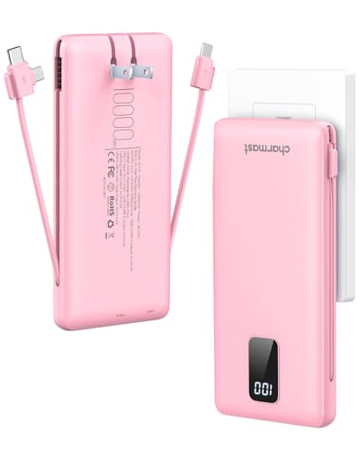 charmast Portable Charger Power Bank Built in Cables,10000mAh Battery Pack | with AC Wall Plug,LED Display & 5 Outputs,Travel Camping Essentials Slim External Phone Charger for iPhone,Samsung,Android - color: Pink