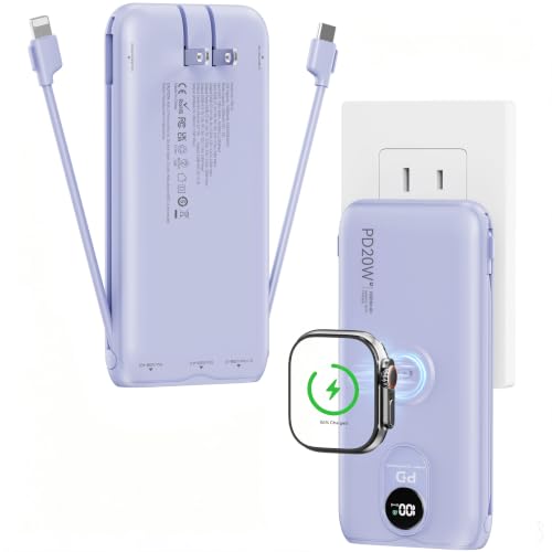 Portable Charger 10000mAh 20W, Wall Plug, 2 Cables, iWatch Charging - color: Lilac Purple