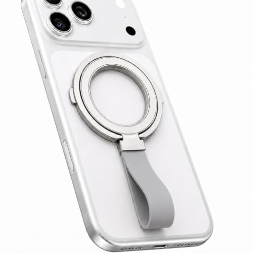 Magnetic Phone Grip Holder for MagSafe, 360° Rotating Ring Stand Kickstand with Silicone Finger Strap, Strong Magnetic Phone Holder for iPhone 17/16/15/14/13/12 & Android (Silver White) - color: Silver White