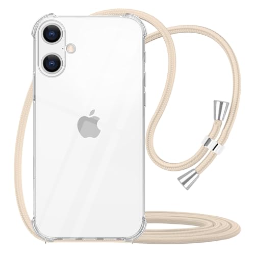 for iPhone 16 Crossbody Case Clear Wearable Adjustable Shoulder Neck Lanyard Strap Cover Women Girls Soft Slim Protective Hanging Phone Mobile Case for iPhone 16 - Beige - size: for iPhone 16