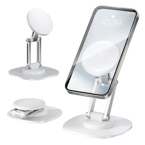 Magnetic Phone Stand for Desk 360 Rotating Adjustable Foldable Aluminum for MagSafe Cell Phone Stand Holder with Non-Slip Base Desk Stand for iPhone 17 16 Pro Max/15/14/13/12 Plus Air (White) - color: White