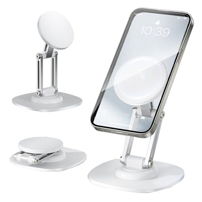 Magnetic Phone Stand for Desk 360 Rotating Adjustable Foldable Aluminum for MagSafe Cell Phone Stand Holder with Non-Slip Base Desk Stand for iPhone 17 16 Pro Max/15/14/13/12 Plus Air (White) - color: White