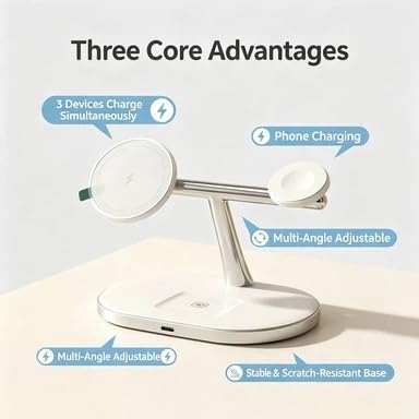 3 in 1 Magnetic Wireless Charger Station, Fast Charging Stand with & Cable, Multi-Angle Adjustable Wireless Charging Dock Desktop Organizer for Bedroom Office (Black) - color: Black