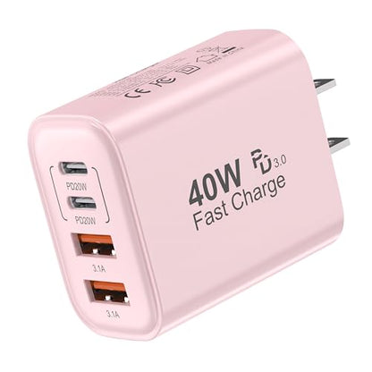 TT&C USB C Charger Block, 40W 4 Ports Wall Charger for iPhone 17,16,15,14 - color: Pink 1Pack