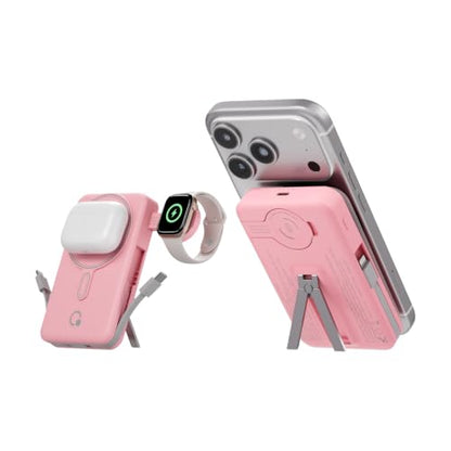 Q Magnetic Wireless Portable Charger 10,000mAh, Travel Essentials Power Bank with Built-in Cables & Foldable Stand, External Battery Pack Compatible with iPhone 17/16/15/14/13/12, Apple Watch - color: Pink