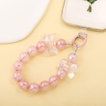 Bow Phone Chain Wrist Strap, Cute Iphone Cellphone Case Wristlet Keychain - color: Pink
