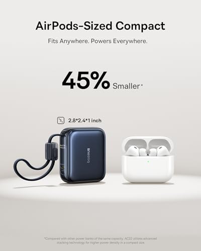 Baseus 45W Ultra Slim 10000mAh Power Bank Built-in USB-C Cables, CCC Certified Portable Charger, Travel Essential Fast Charging Pocket Size Phone Battery Pack for iPhone 17 16 Samsung S25 S24 iPad
