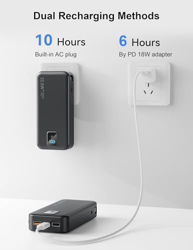 Portable Charger 20000mAh 22.5W w/Built-in Cable & Wall Plug Black - color: Ebony