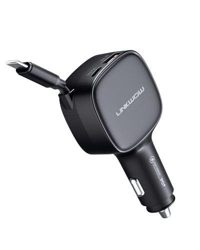Retractable Car Charger USB C, 84W Max, Ultra-Compact, Type-C Fast Charger with Built-in Retractable USB-C Cable, Car Adapter for iPhone 16/15 Series, MacBook Pro/Air, iPad, AirPods Black