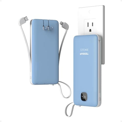 TESSAN Portable Charger with Built in Cables, 10000mAh Power Bank Wall Plug - color: Blue