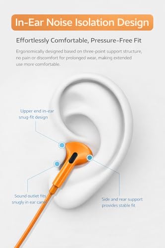 Wired in-Ear Earbuds with Microphone, 3.5mm Stereo Earphones with Soft Fit Ear Tips, Noise-Isolating Wired Headphones for Smartphones, Tablets, Laptops - Orange