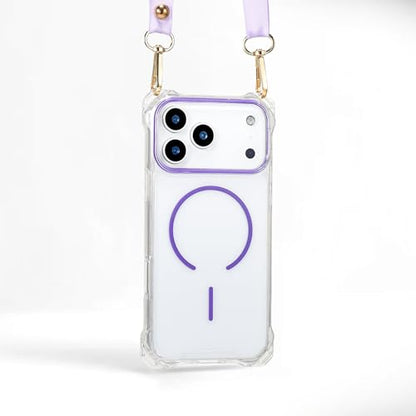 Magnetic for iPhone 17 Pro Crossbody Phone Case,Clear/Purple,Clear Magnetic Soft Frame PC Back Shockproof Protective Phone Cover with Adjustable Detachable Lanyard,Compatible with MagSafe - color: Clear/Purple, size: iPhone 17 Pro