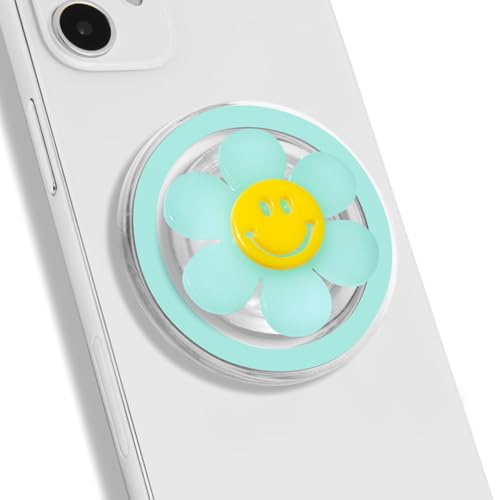 Magnetic Luminous Smiley Flower Mobile Phone Grip: Swappable & Collapsible Grip for Phones & Tablets (Turquoise)