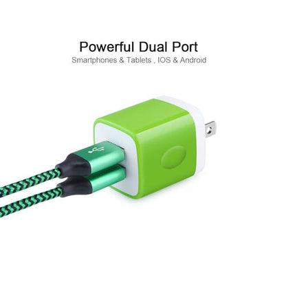 Wall Charger Plug Block Dual Port USB C Adapter with 2Pcs 6Ft Fast Charging - color: Green