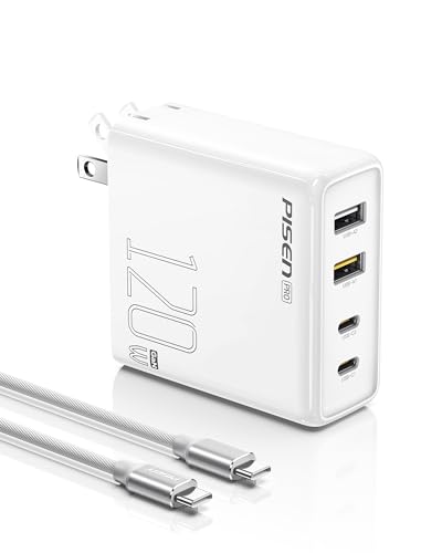 Pisen 120W 4-Port GaN USB-C Charger Block With 6FT USB-C To C Cable For MacBook Pro/Air, Pixelbook, iPad, iPhone, Samsung, Pixel 8, Steam Deck