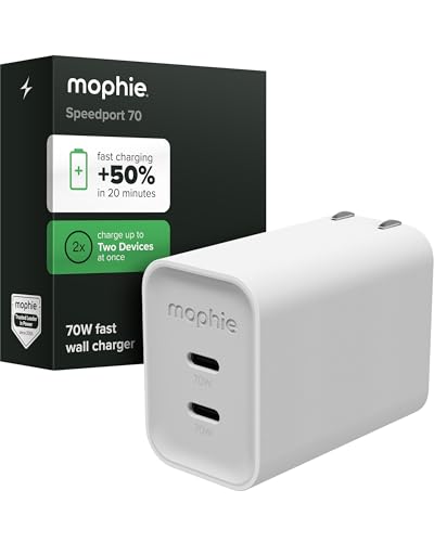 Mophie Speedport 70 GAN USB-C Charger Block - 70W Fast Wall Charger, 2× USB‑C PD Ports, Compact Foldable Prongs, Made with Recycled Materials, for Smartphones, Tablets, Headphones - style: 70W