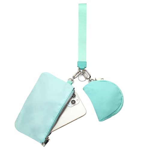 Mini Zip Around Wristlet Wallet, Dual Pouch Keychain Coin Purse for Women | Phone wallet design, detachable pouches, waterproof nylon, zipper closure, card holder, travel and daily essentials organizer - color: Light Blue+Dark Blue