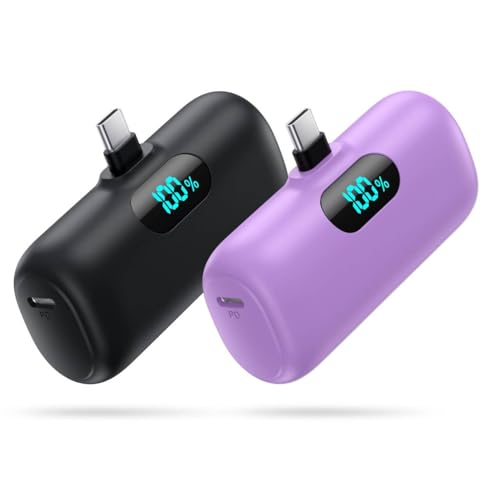 [2 Pack]Small Portable Charger for iPhone 17/16/15 Series,5000mAh 3A PD USB C Power Bank, Mini Travel Essentials Battery Pack for iPhone 17/17 Pro/16/16 Plus/16 Pro/15 Pro Max,Samsung,Android/LG etc - color: black+purple