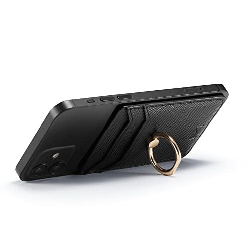 Card Holder Sleeve with Ring, RFID Credit Wallet PU Leather Stick On Back Grip for iPhone Samsung Smartphone - Black