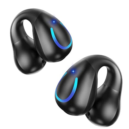 Ultra Open Ear Headphones Bluetooth 5.3 Wireless Bone Conduction Clip On Earbuds with Digital Display Charging Case 60 Hours Playtime Sport Earphones IPX7 Waterproof for Running Fitness Black